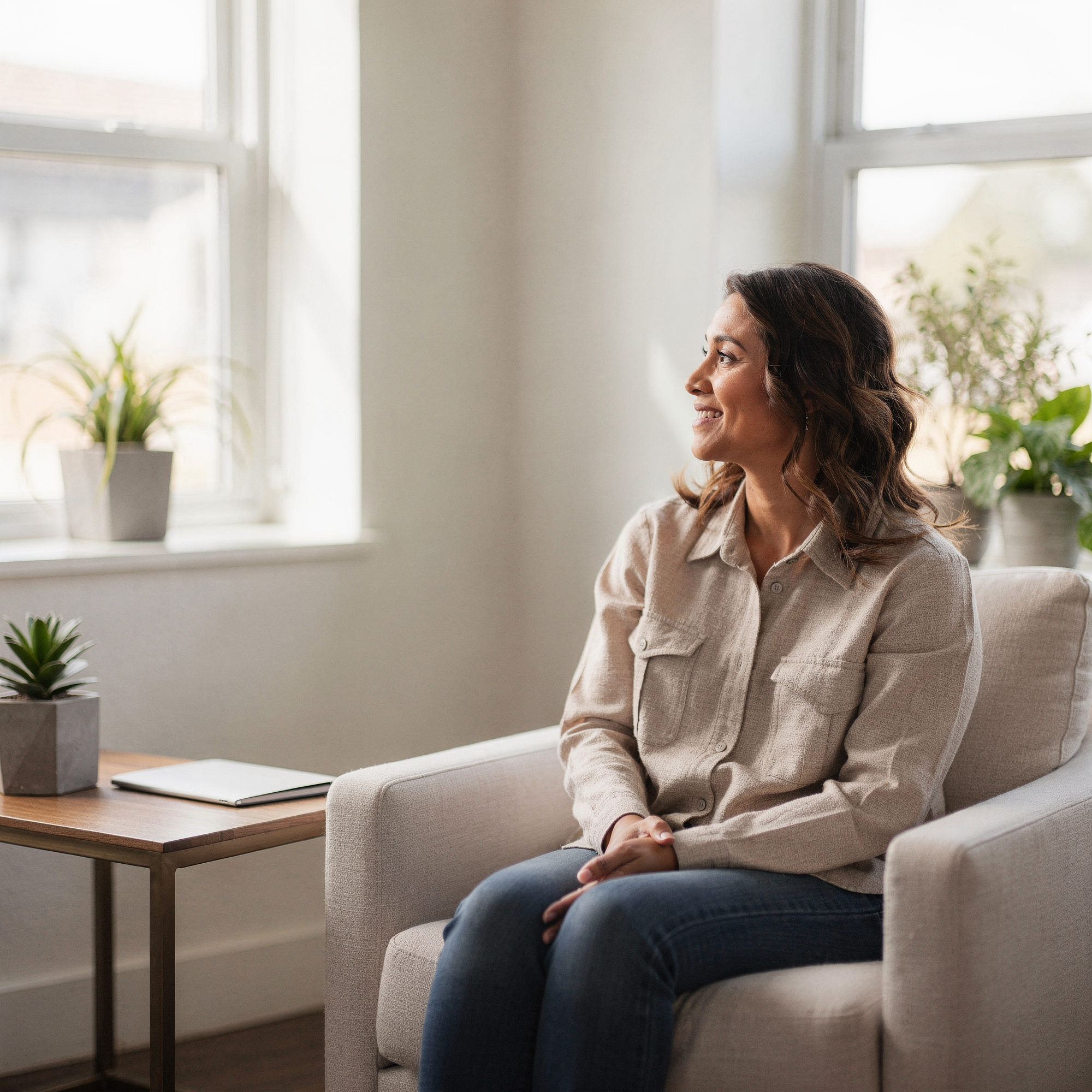 Woman sitting on a beige chair in a bright, plant-filled office during a psychiatric care consultation